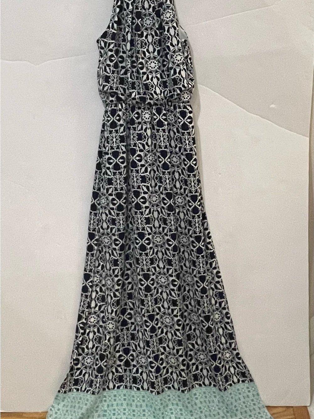 B. Darlin Size 1/2 Halter Maxi Dress Navy Ivory Aqua Side Slits